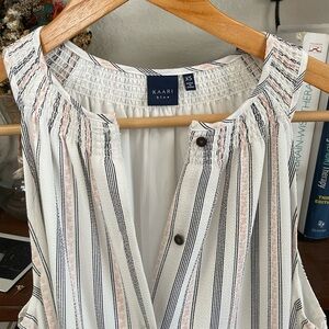 Kaari Blue- White and Black Striped Dress with subtle pink flower detail 🌸